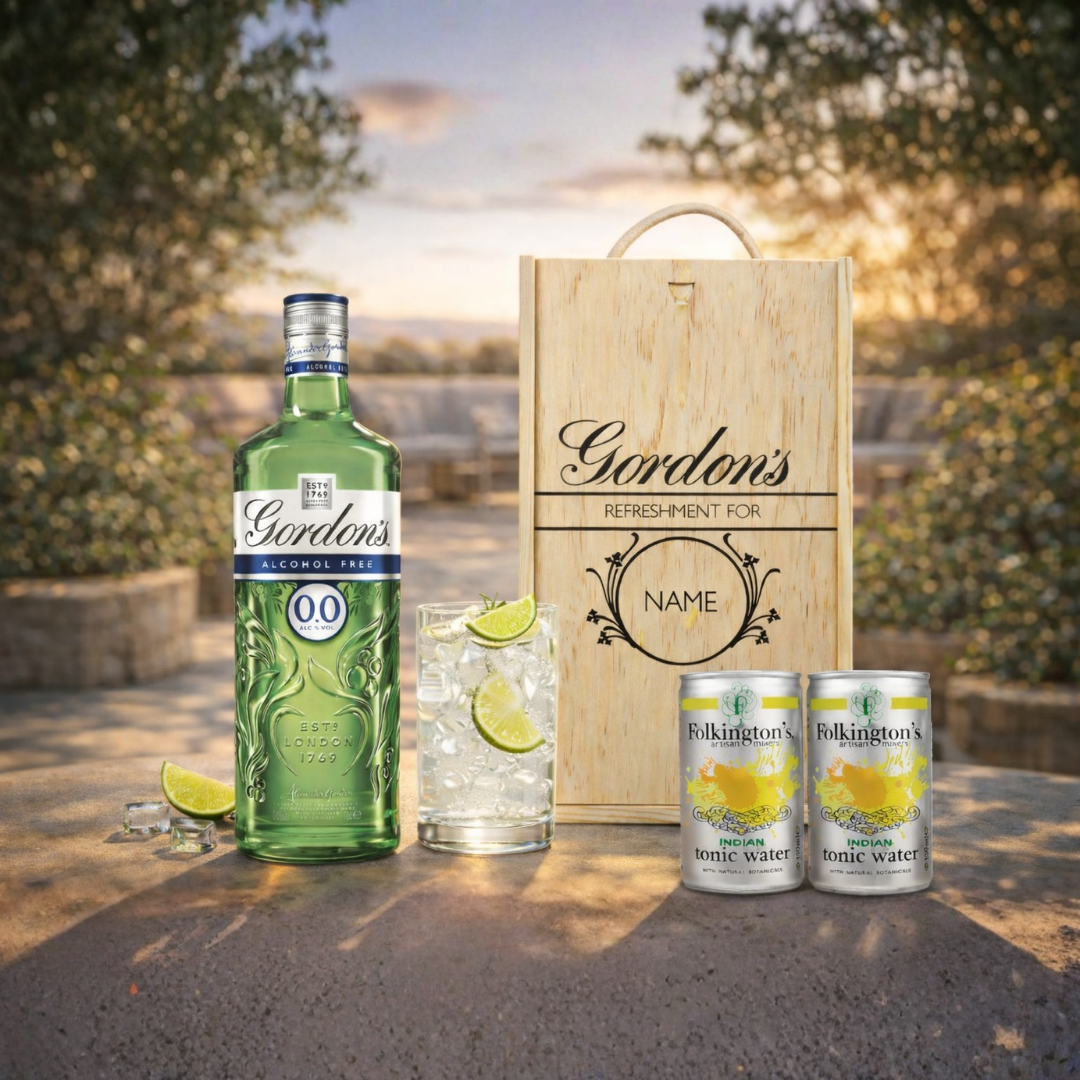 Personalised Gordon’s Original 0.0 Alcohol-Free Gin & Tonic Gift Set In Wooden Box – 0.0% ABV (70cl)