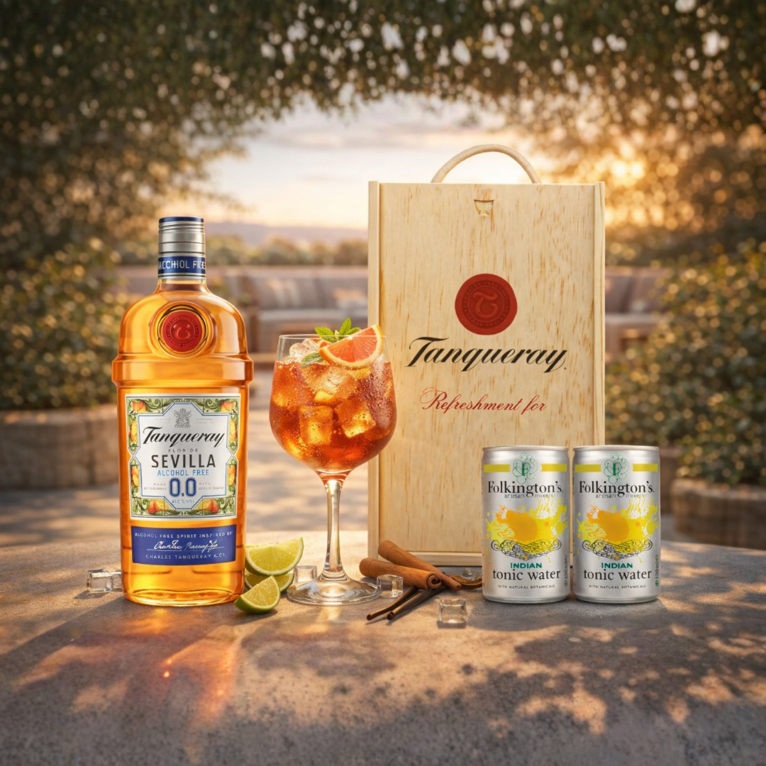 Personalised Tanqueray Sevilla 0.0 Alcohol-Free Gin & Tonic Gift Set In Wooden Box – 0.0% ABV (70cl)