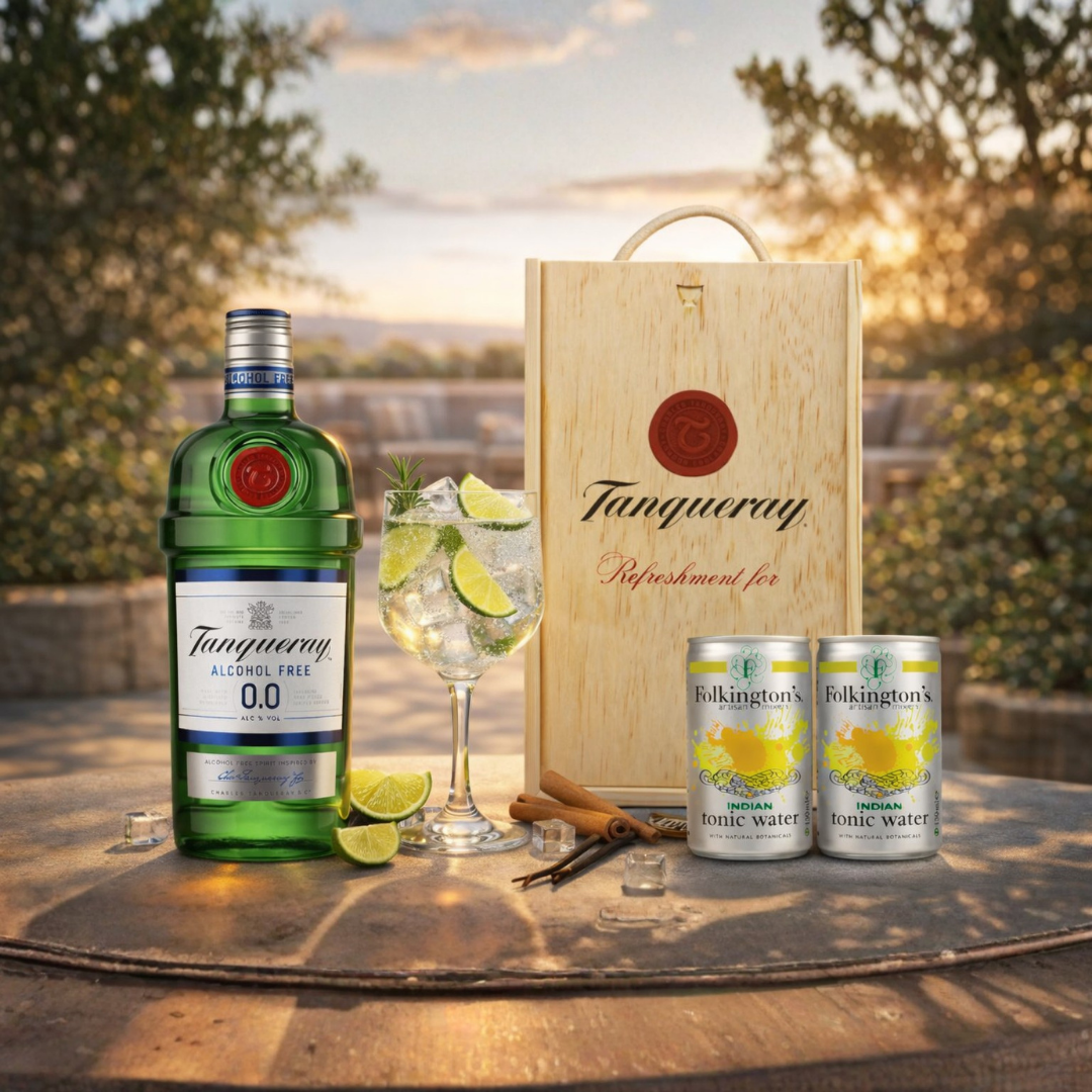 Personalised Tanqueray 0.0 Alcohol-Free Gin & Tonic Gift Set In Wooden Box – 0.0% ABV (70cl)