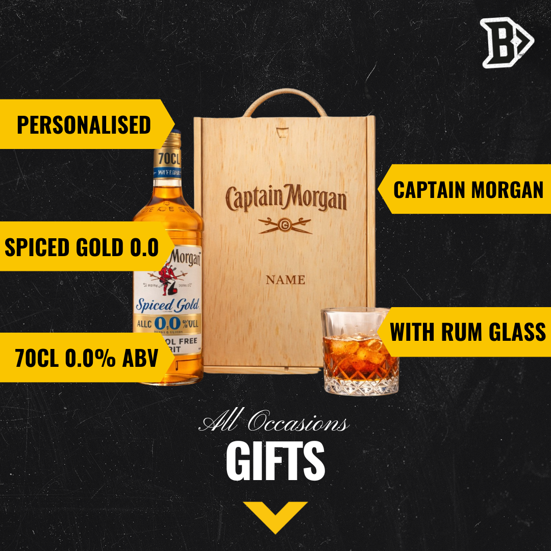 Personalised Captain Morgan 0.0 Alcohol-Free Spiced Rum & Rum glass Gift Set In Wooden Box – 0.0% ABV (70cl)