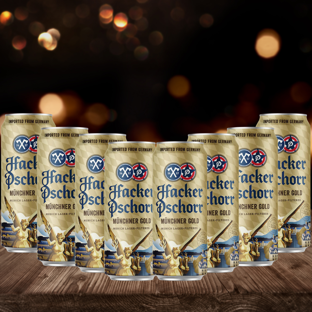 Hacker Pschorr Münchner Gold German Helles Lager 500ml Cans – 5.5% ABV (12 Pack) - BEERHUNTER