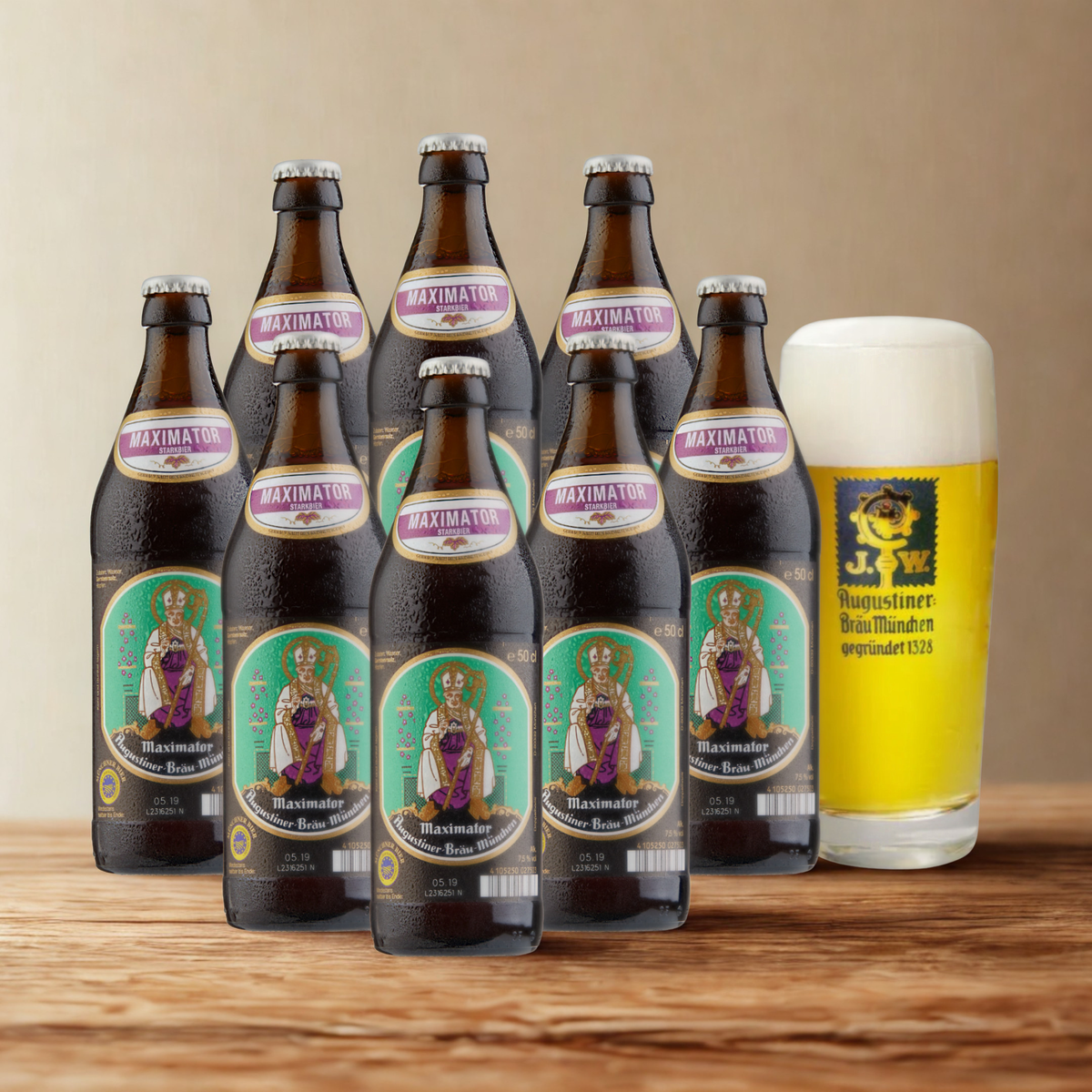 Augustiner Maximator German Doppelbock Lager 500ml Bottles with Augustiner Glass – 7.5% ABV (8 Pack)