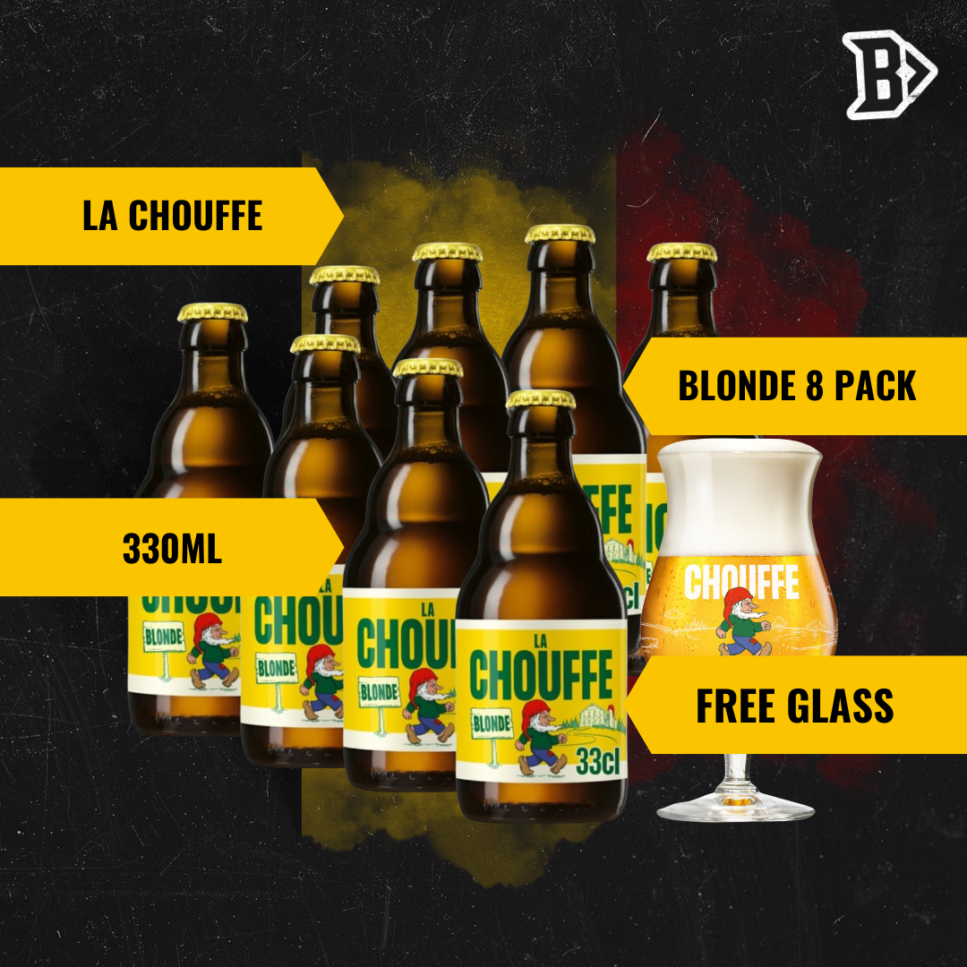 Brasserie d’Achouffe La Chouffe Belgian Blond Beer 330ml Bottles - 8.0% ABV (8 Multipack) with FREE Chouffe Glass