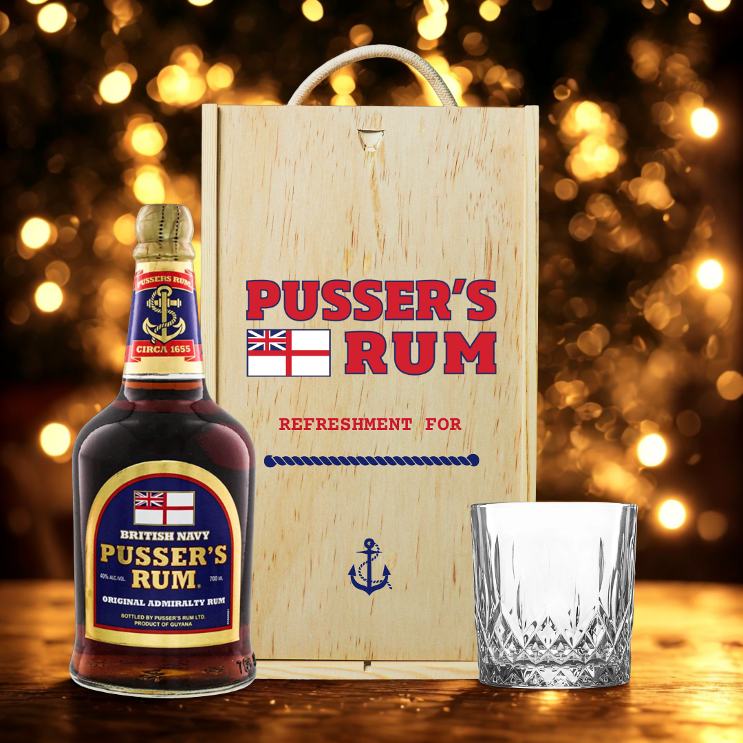 Personalised Pusser's Rum Gift Set in Wooden Box - 40% ABV (70cl)