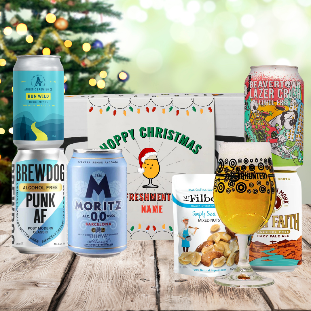 Personalised &#39;Hoppy Christmas&#39; Low/No Alcohol Beer 5 Can Gift Pack with Glass &amp; Snack