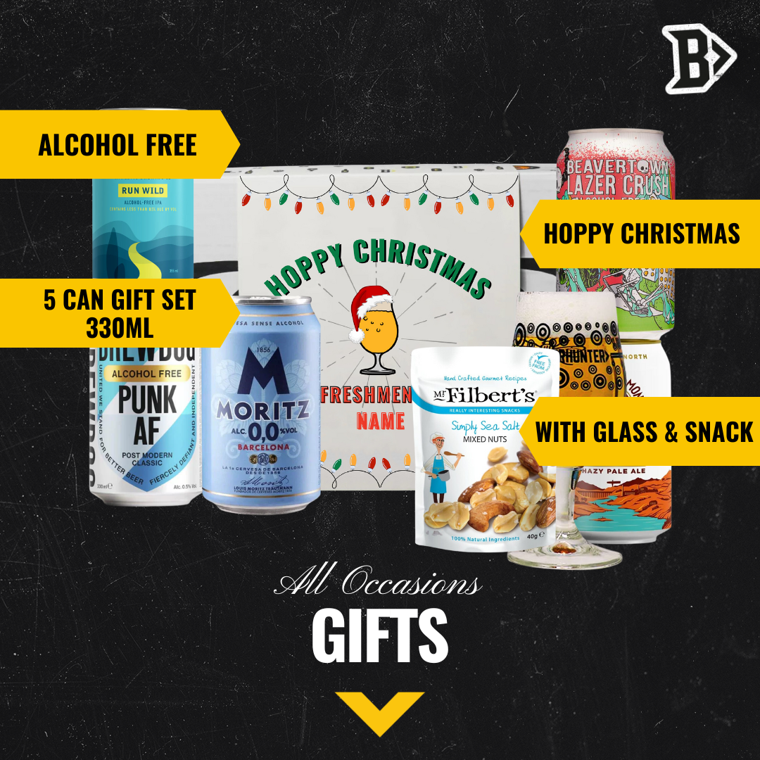 Personalised 'Hoppy Christmas' Low/No Alcohol Beer 5 Can Gift Pack with Glass & Snack