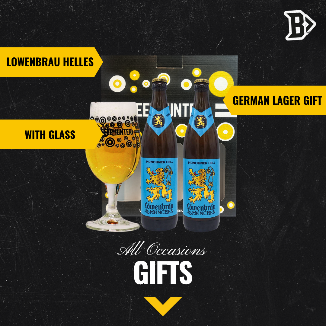 Lowenbrau Helles German Lager Gift Set with Official Beerhunter Glass (2 Pack)