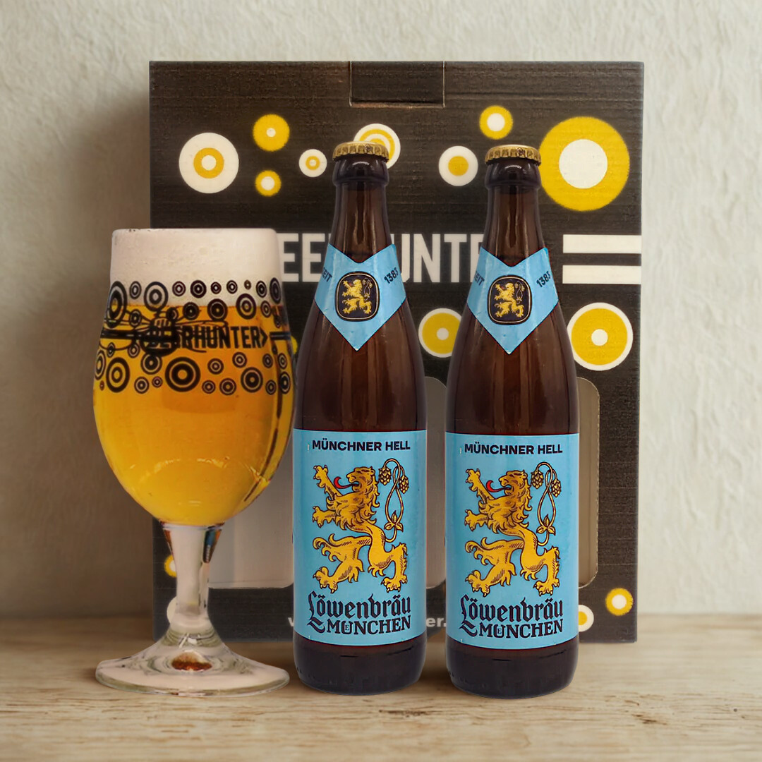 Lowenbrau Helles German Lager Gift Set with Official Beerhunter Glass (2 Pack)