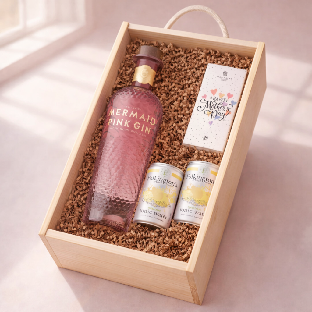 Mother’s Day Pink Gin Gift Set – Mermaid Pink Gin 70cl with Tonics &amp; Chocolate – Luxury Mother’s Day Gift for Mum