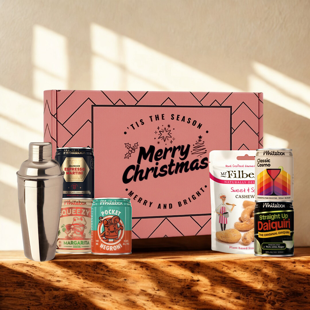 Merry Christmas Gift Box with Whitebox Ready-to-Drink Cocktail Cans &amp; Gourmet Snack Gift Box (5 x 10cl)