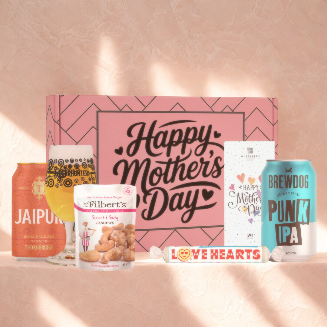 Mother’s Day Craft Beer Gift Set Jaipur &amp; Punk IPA with Glass, Snacks &amp; Chocolate