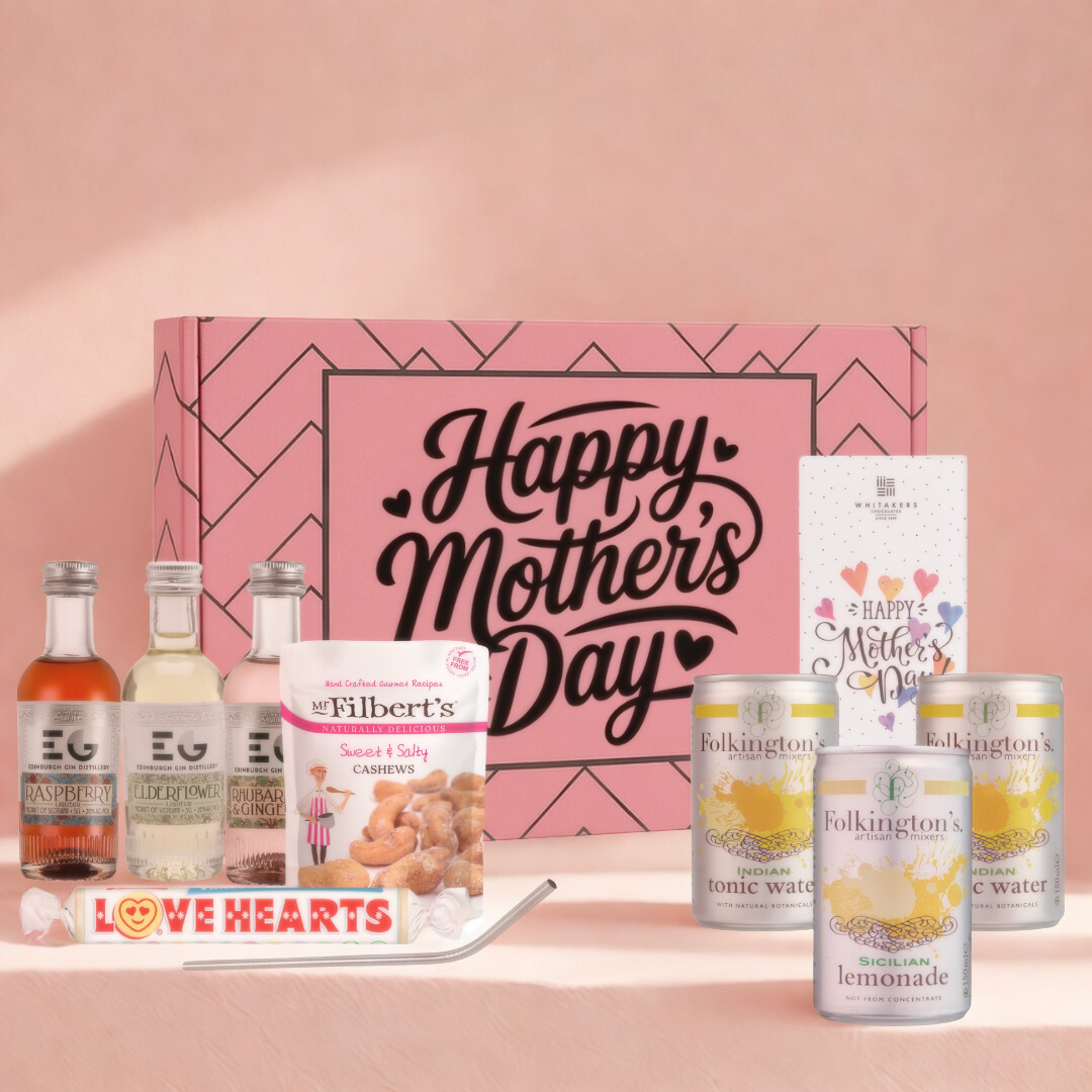 Mother’s Day Edinburgh Flavoured Gin Miniature Gift Set with Mixers, Snacks, Love Hearts &amp; Chocolate