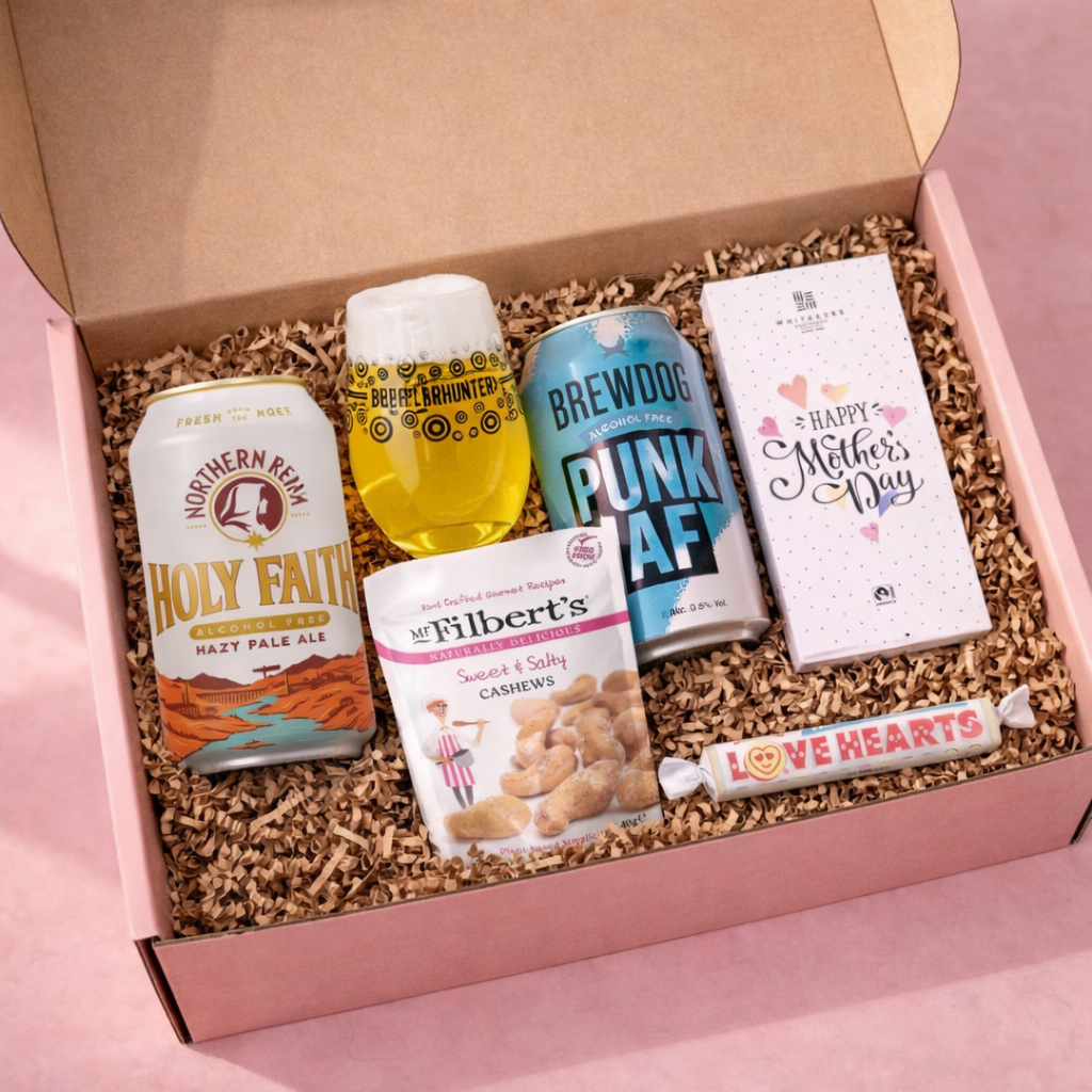 Mother’s Day Alcohol-Free Craft Beer Gift Set Northern Monk &amp; BrewDog with Glass, Snacks &amp; Chocolate