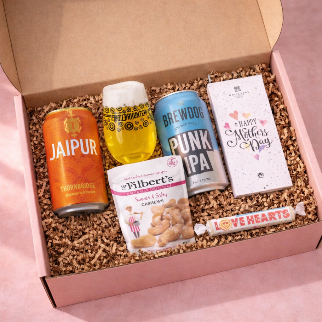 Mother’s Day Craft Beer Gift Set Jaipur &amp; Punk IPA with Glass, Snacks &amp; Chocolate