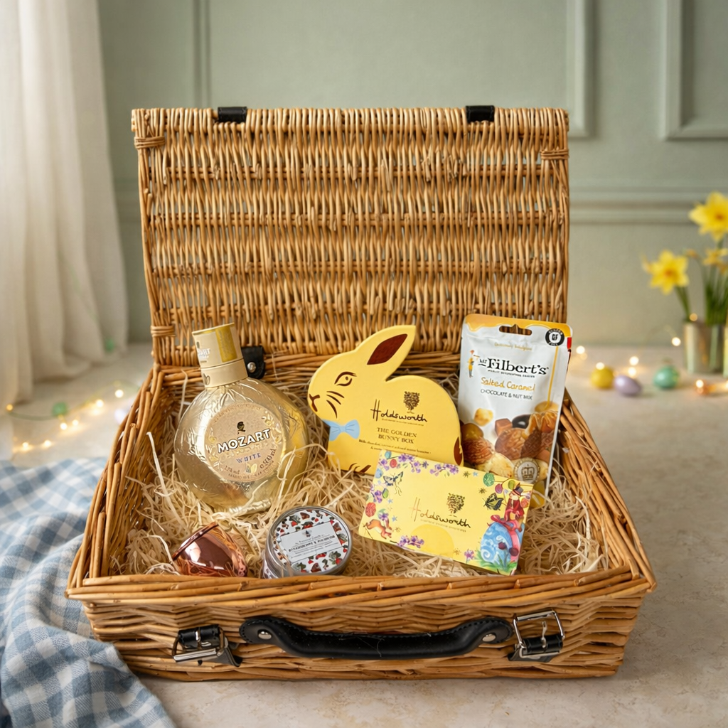 Mozart White Chocolate Liqueur 14" Easter Gift Hamper with Easter Chocolates and Accessories - 50cl  (15% ABV)