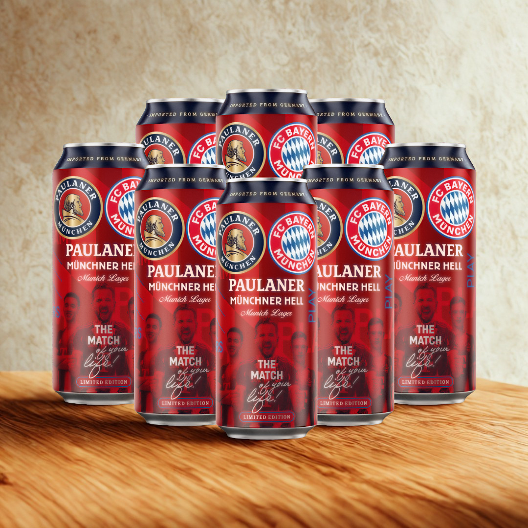 Paulaner x FC Bayern Münchner Hell Premium German Lager 500ml Cans – 4.9% ABV (Multipack)