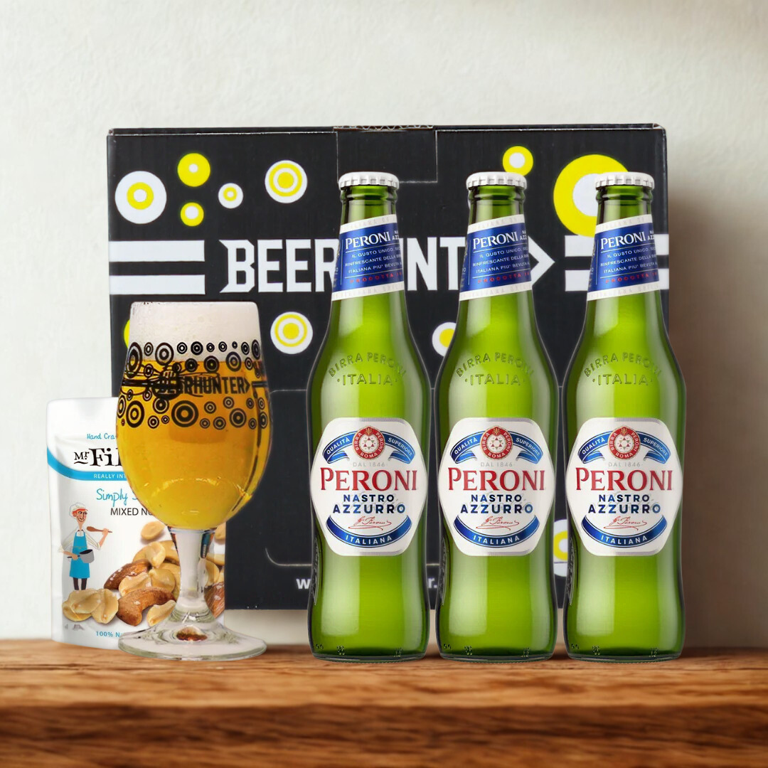 Peroni Nastro Azzuro Italian Lager Gift Set with Beerhunter Glass (3 Pack)