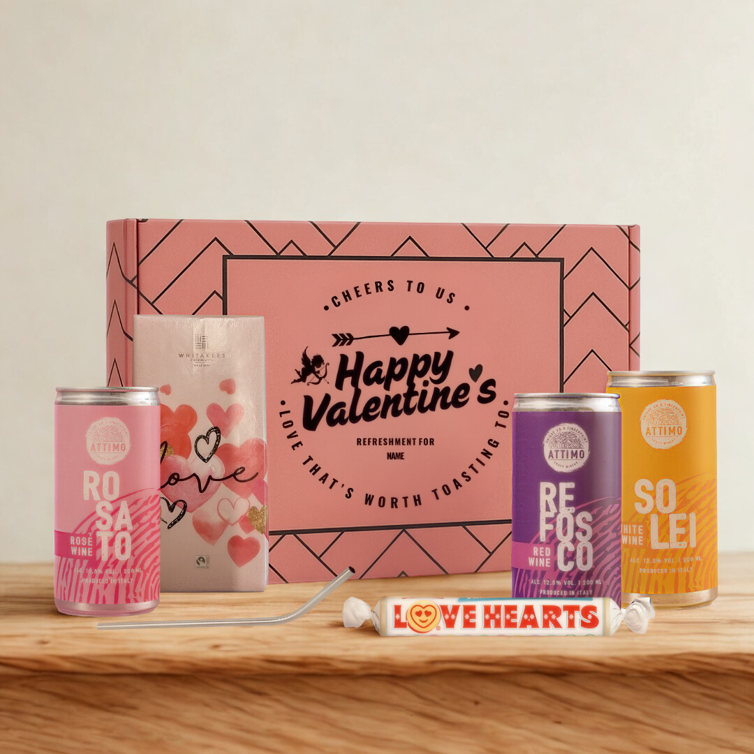 Personalised Happy Valentine’s Attimo Wine Gift Set with Chocolate, Love Hearts & Metal Straw (3 x 200ml)
