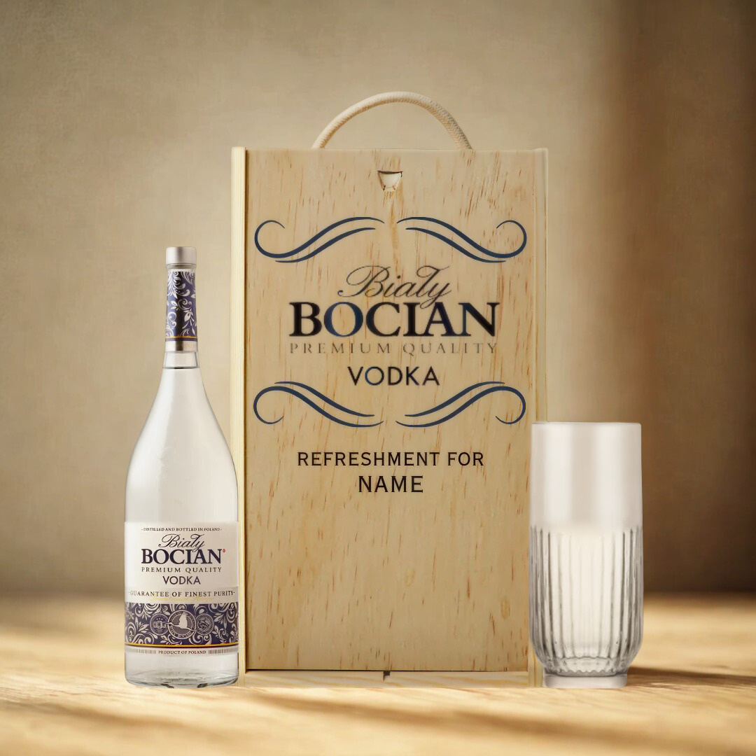 Personalised Bocian Vodka Gift Set with Glass & Wooden Box – 70cl