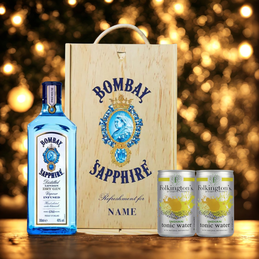 Personalised Bombay Sapphire Gin London Dry Gift Set with Folkington's Tonics - 70cl (40% ABV)
