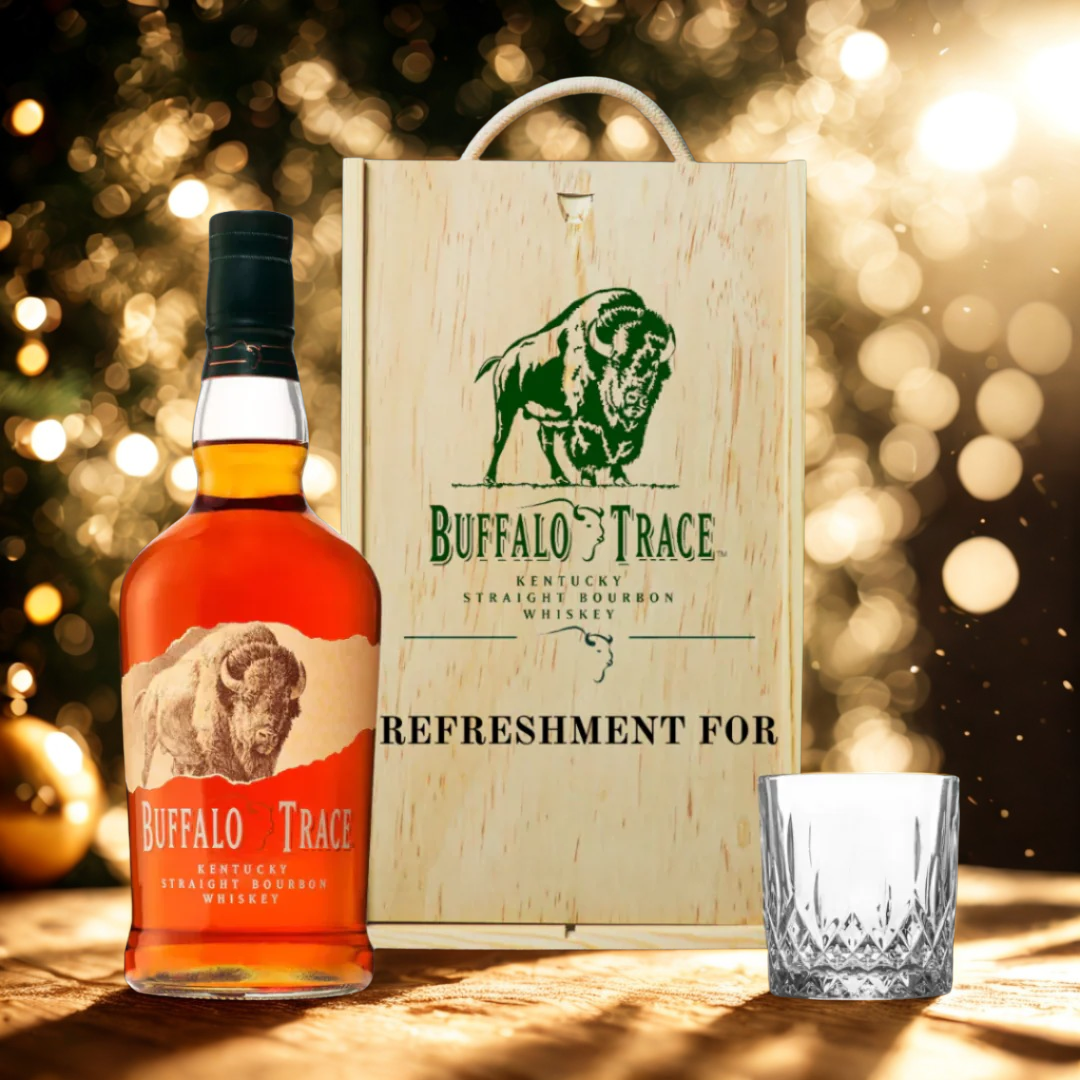 Personalised Buffalo Trace Straight Bourbon Whisky Gift Set In Wooden Box - 40% ABV (70cl)