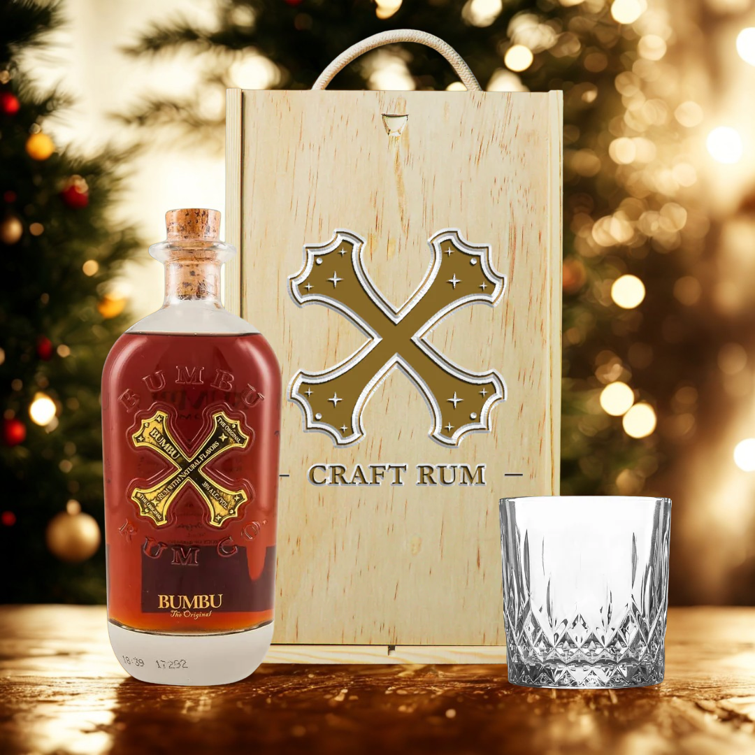 Personalised Bumbu Caribbean Rum &amp; Glass Gift Set in Wooden Presentation Box - 70cl