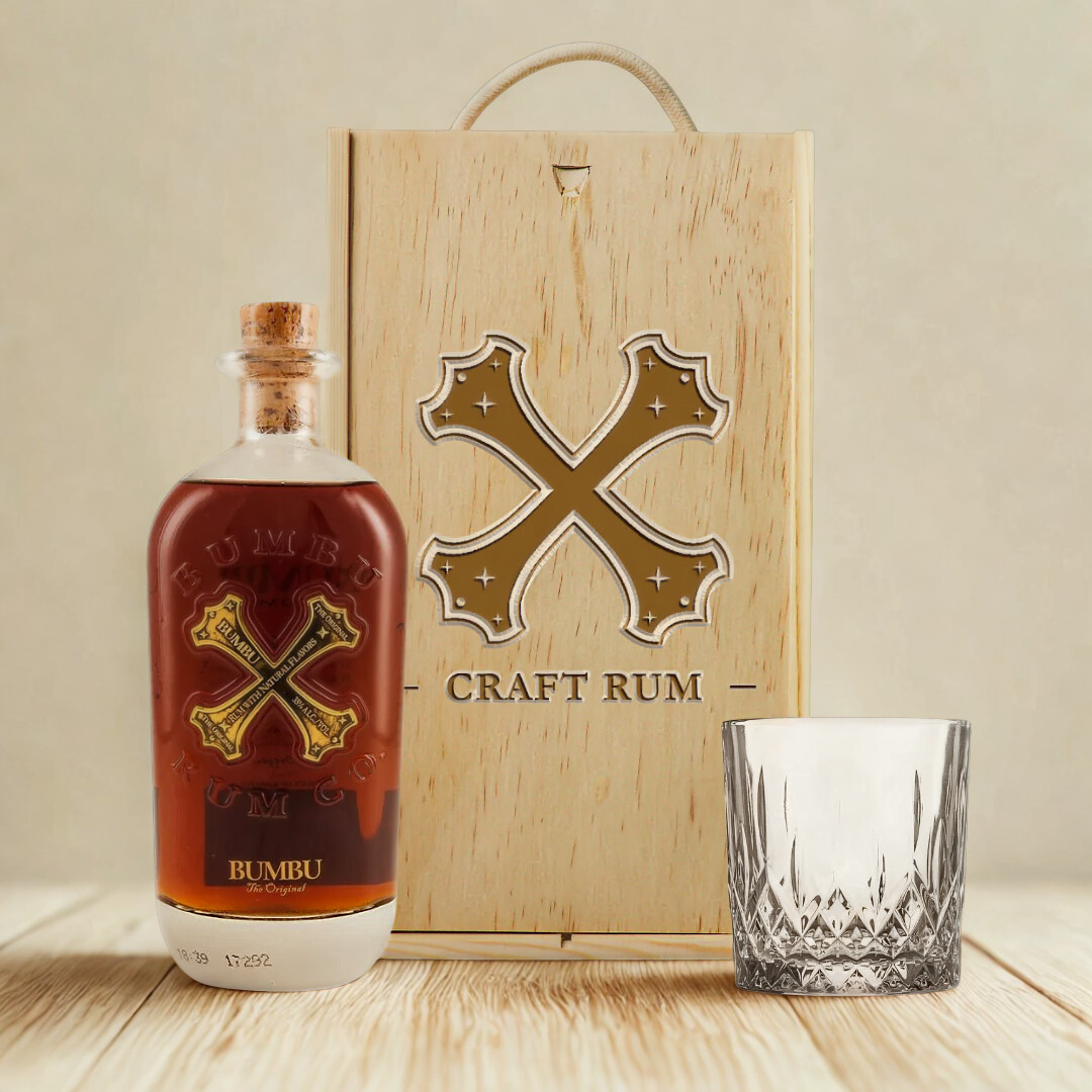 Personalised Bumbu Caribbean Rum & Glass Gift Set in Wooden Presentation Box - 70cl
