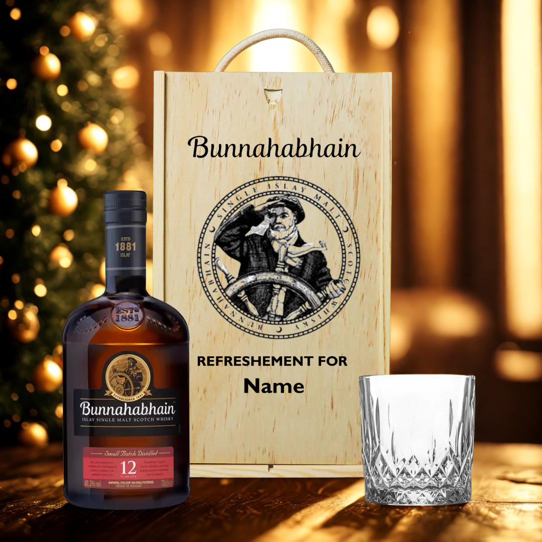 Personalised Bunnahabhain 12 Year Old Islay Single Malt Scotch Whisky Gift Set with Whisky Glass in a Wooden Box - 70cl (46.3% ABV)