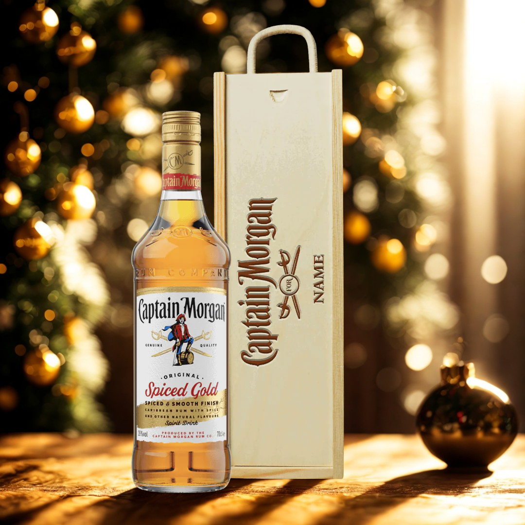 Personalised Captain Morgan Spiced Rum Gift Set in a Wooden Box (70cl)