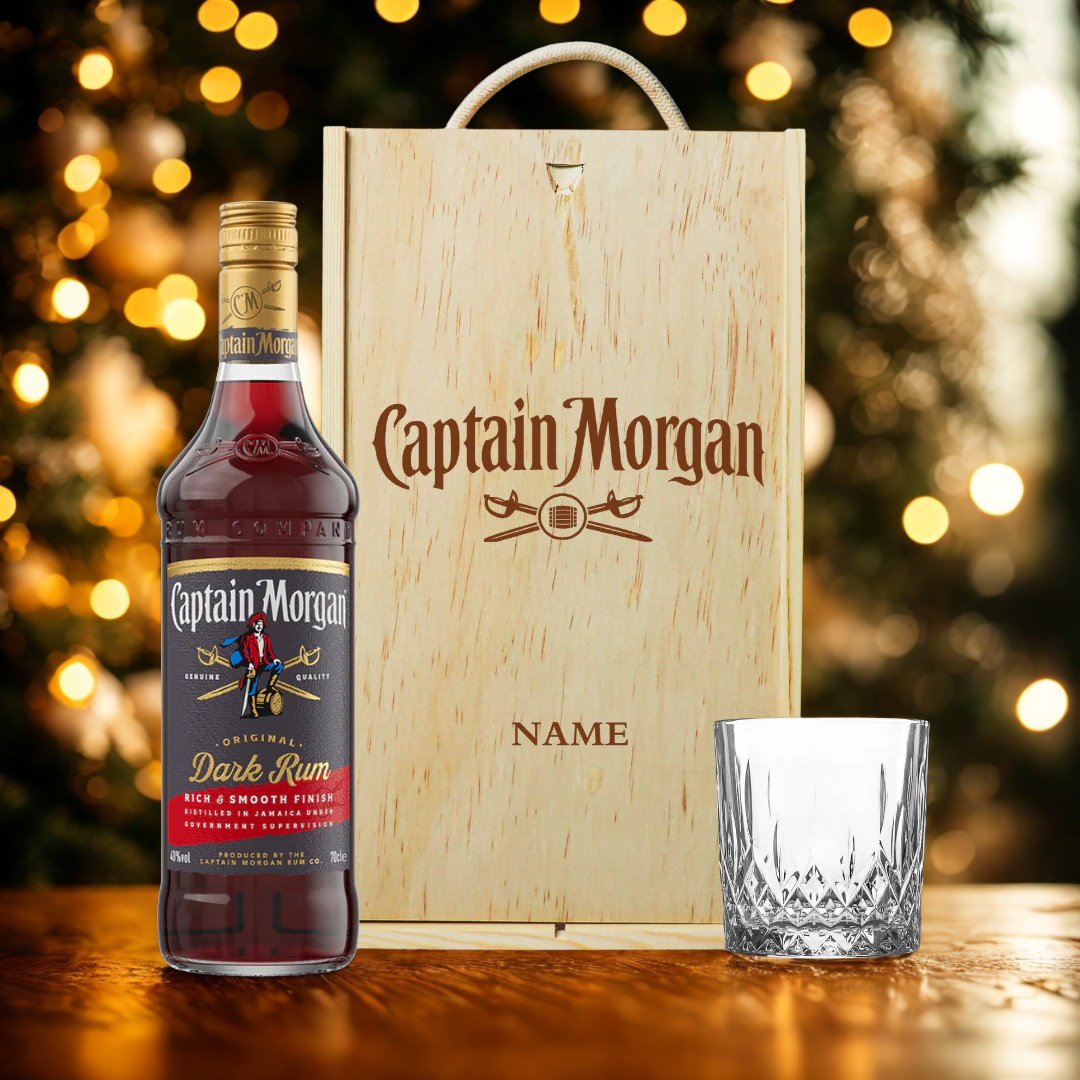 Personalised Captain Morgans Dark Rum Gift Set in Wooden Box - 70cl
