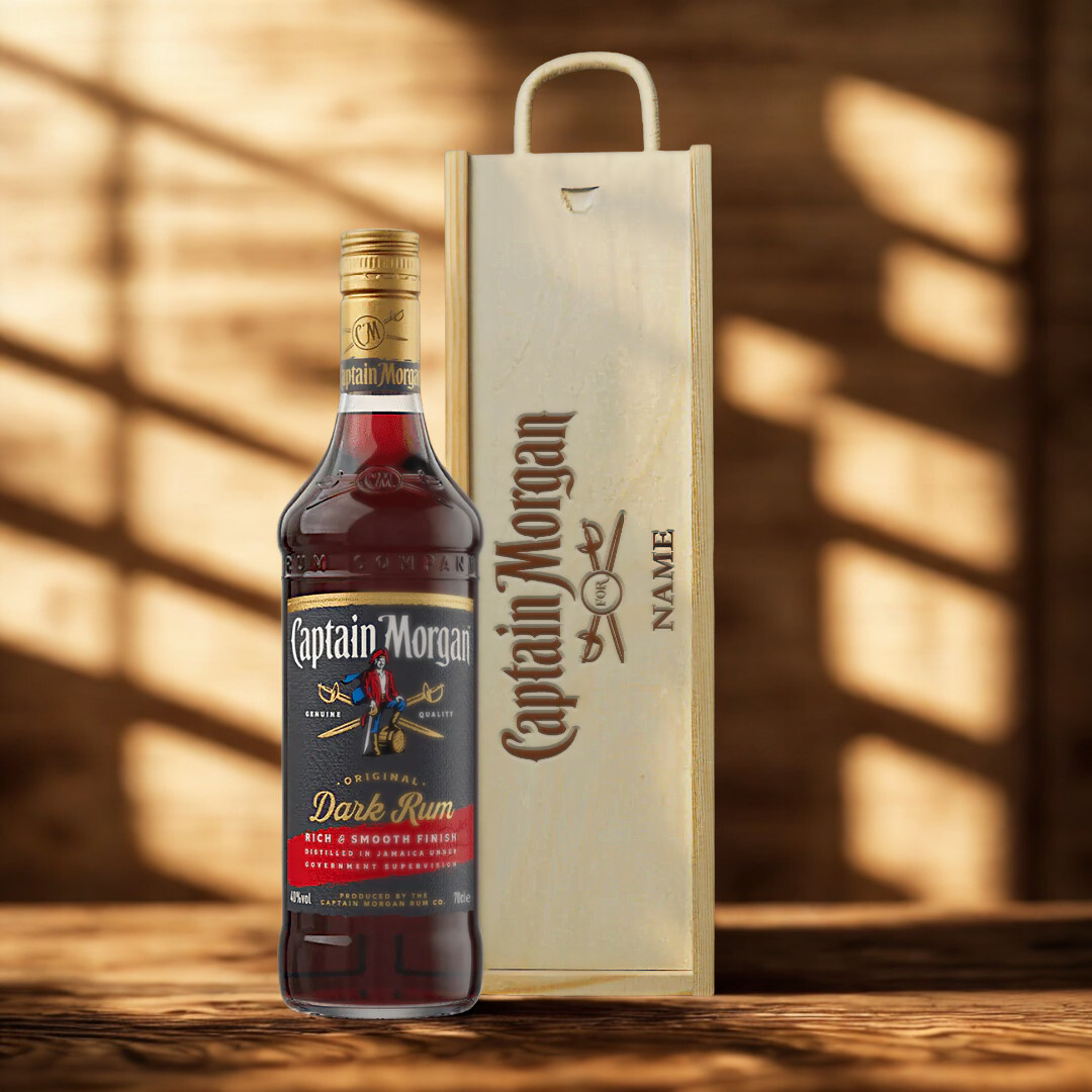 Personalised Captain Morgans Dark Rum Gift Set in Wooden Box - 70cl