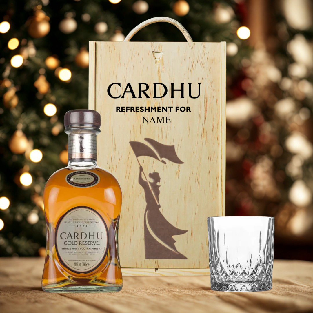 Personalised Cardhu Gold Reserve Single Malt Scotch Whisky Gift Set with Whisky Glass in a Wooden Box - 70cl (40% ABV)