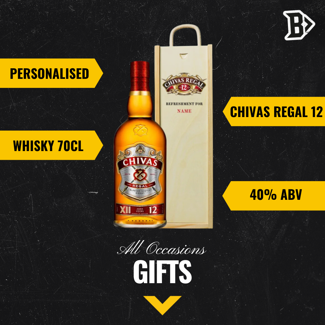 Personalised Chivas Regal 12 Year Scotch Whiskey Gift Set in Wooden Box - 40% ABV (70cl)
