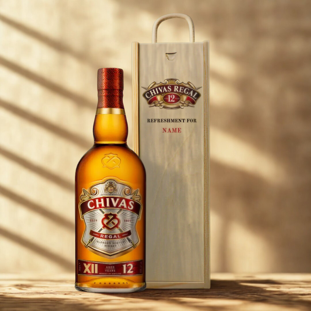 Personalised Chivas Regal 12 Year Scotch Whiskey Gift Set in Wooden Box - 40% ABV (70cl)