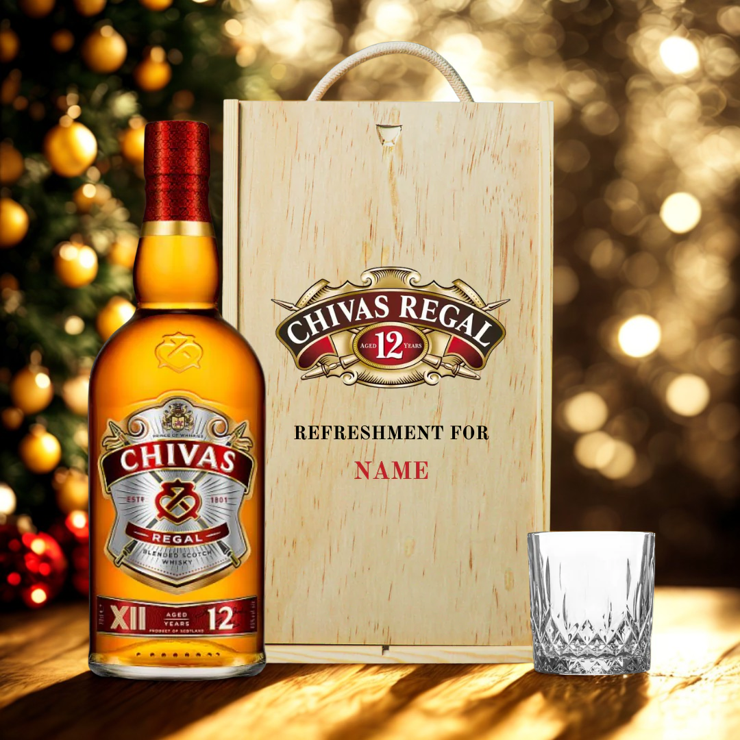 Personalised Chivas Regal 12 Year Scotch Whiskey Gift Set in Wooden Box with Glass - 40% ABV (70cl)