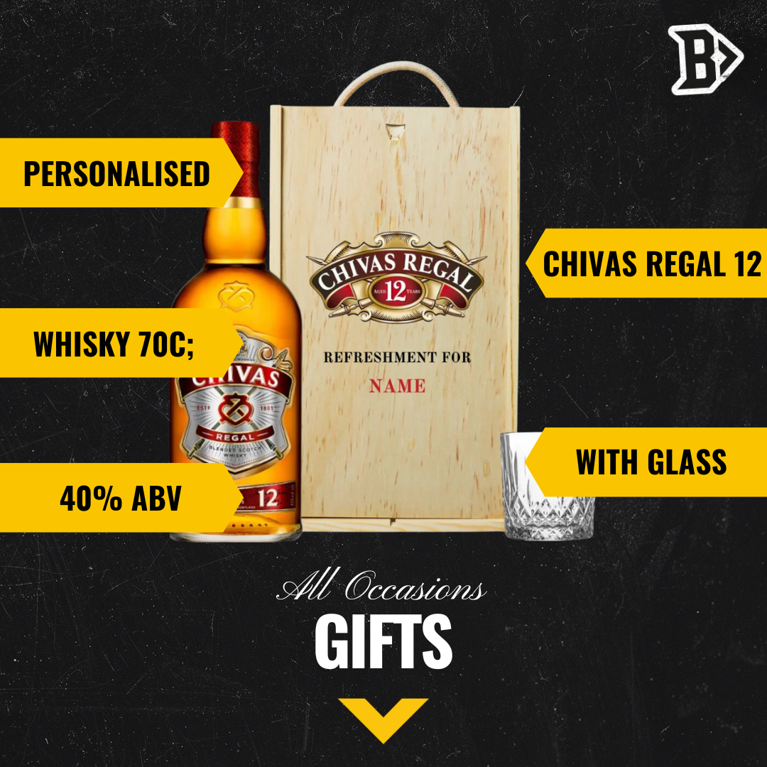 Personalised Chivas Regal 12 Year Scotch Whiskey Gift Set in Wooden Box with Glass - 40% ABV (70cl) - BEERHUNTER