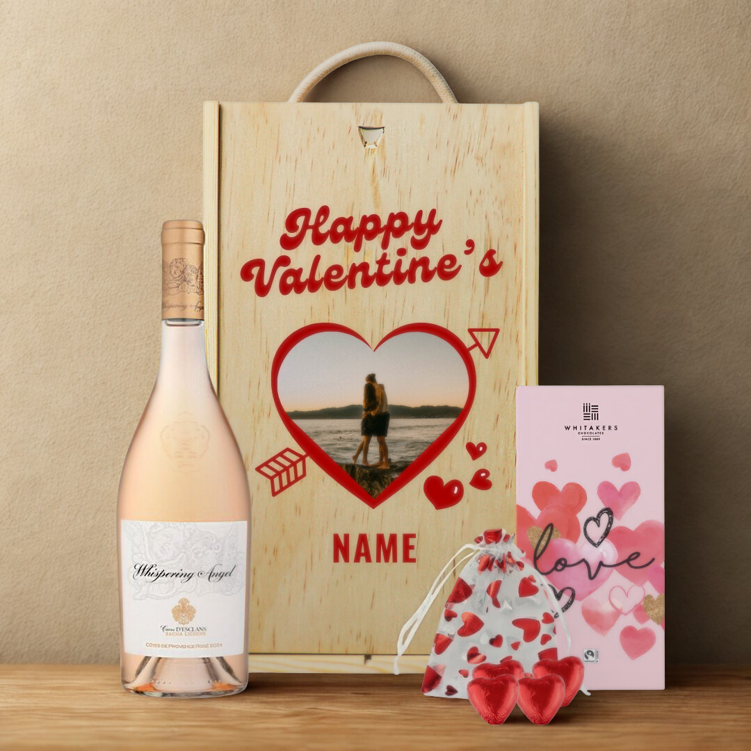Personalised Custom Name & Photo Valentine's Day Wine Gift Set with Heart Chocolates and Love Chocolate Bar