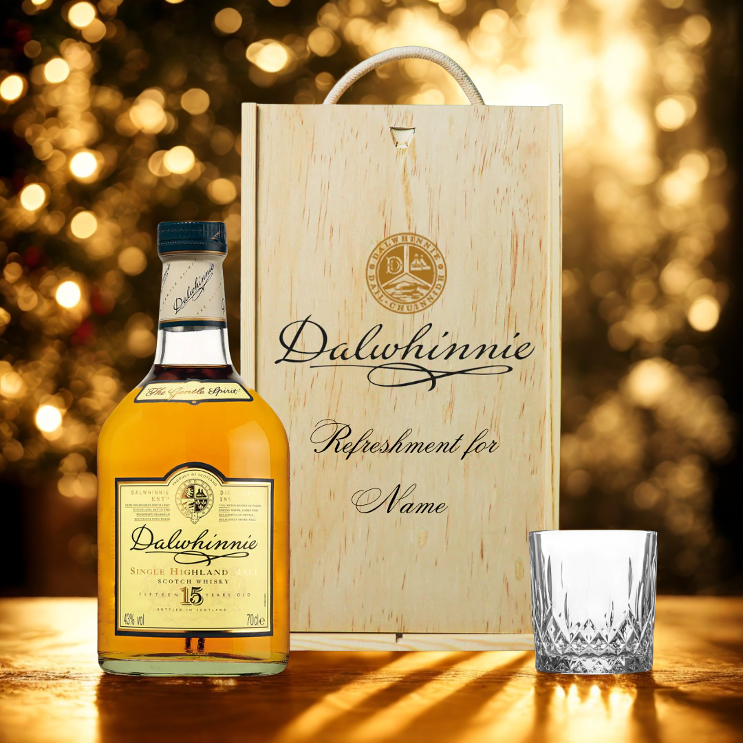 Personalised Dalwhinnie Whisky 15 Year Old Gift Set in Wooden Box with Glass - 43% ABV (70cl)