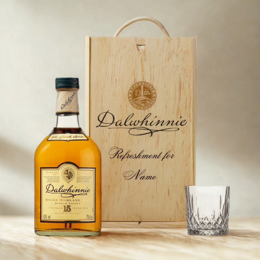 Personalised Dalwhinnie Whisky 15 Year Old Gift Set in Wooden Box with Glass - 43% ABV (70cl)