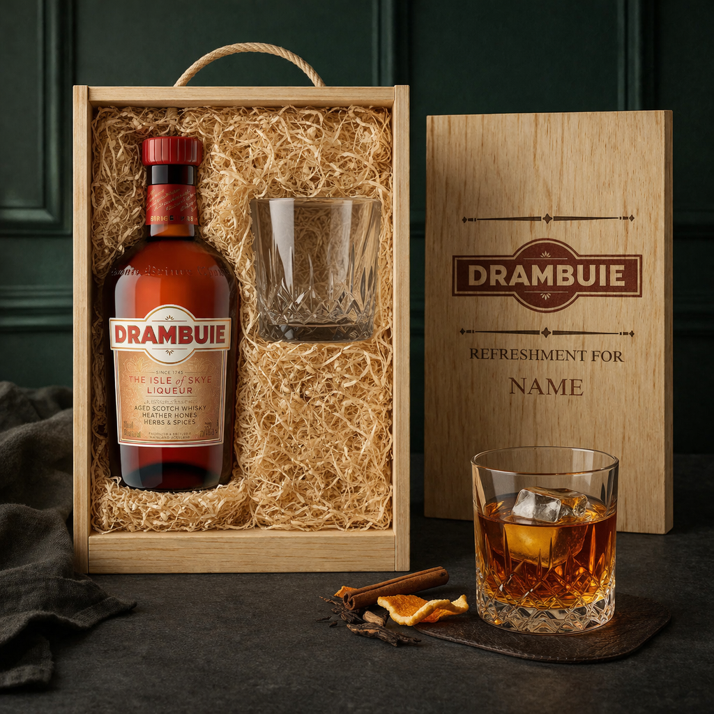 Personalised Drambuie Scotch Whisky Liqueur Gift Set with Whisky Glass in Wooden Box - 50cl (40%)