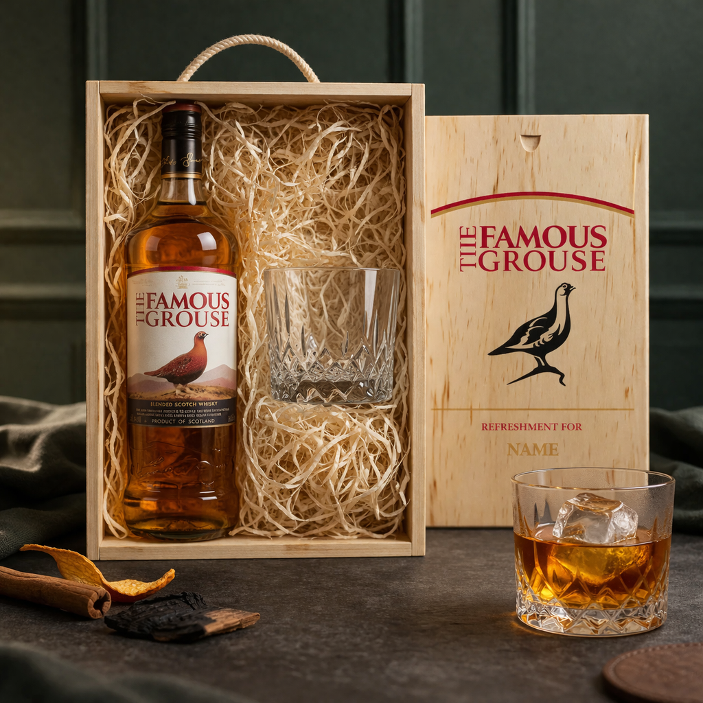 Personalised Famous Grouse Single Grain Whisky in Wooden Box with Glass 70cl (40% ABV)