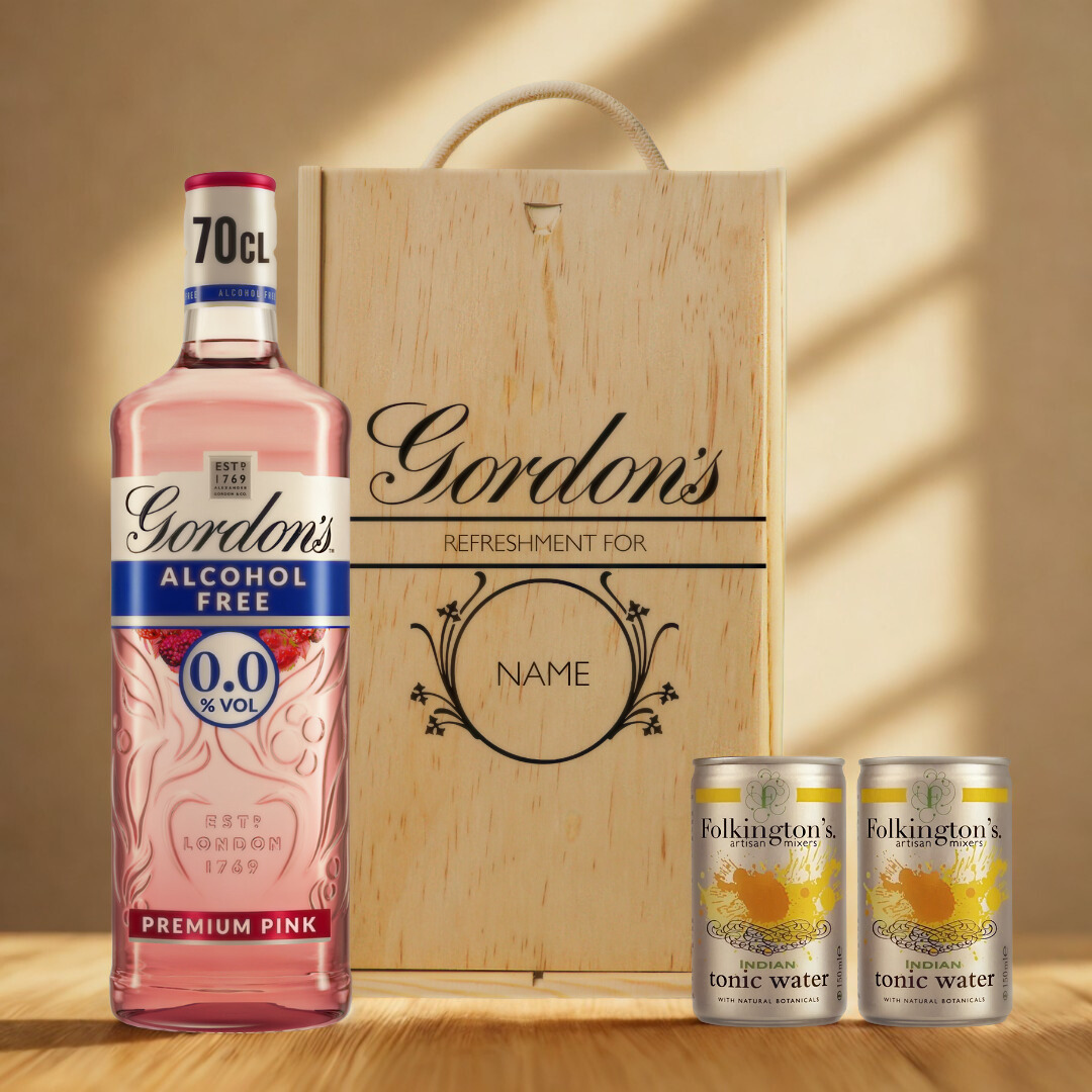 Personalised Gordon’s Pink 0.0 Alcohol-Free Gin & Tonic Gift Set In Wooden Box – 0.0% ABV (70cl)
