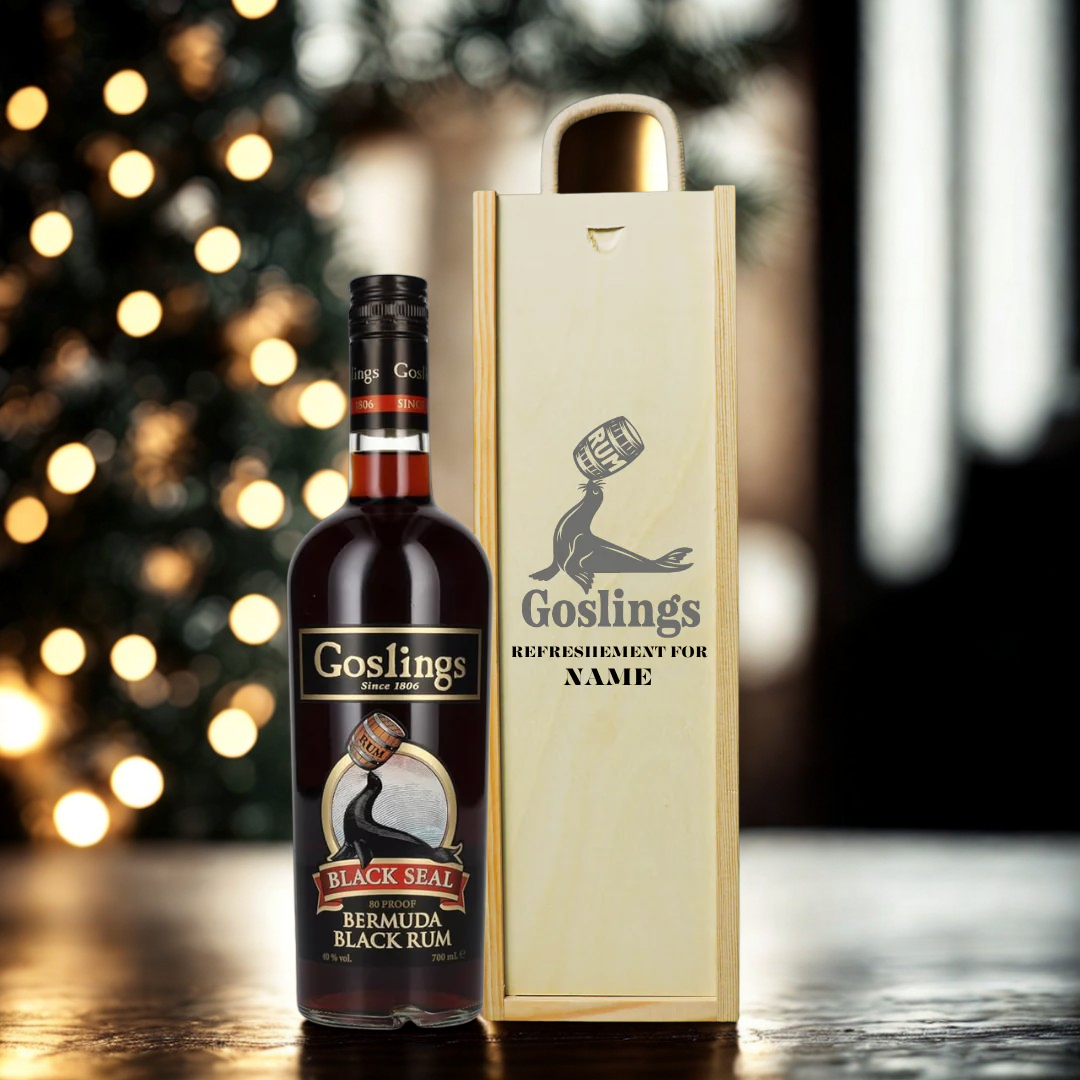 Personalised Goslings Black Seal Rum Gift Set in Wooden Box – 70cl