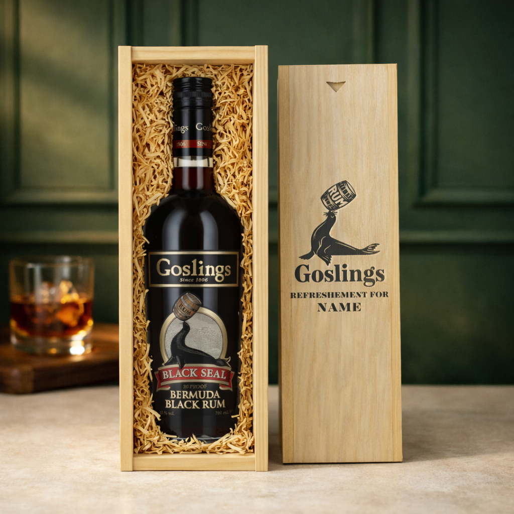 Personalised Goslings Black Seal Rum Gift Set in Wooden Box – 70cl
