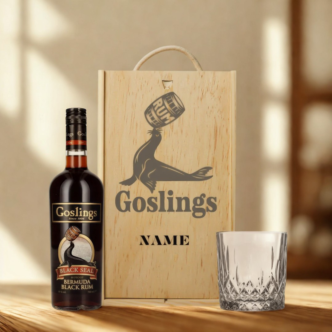 Personalised Goslings Black Seal Rum with Glass in Wooden Box Gift Set
