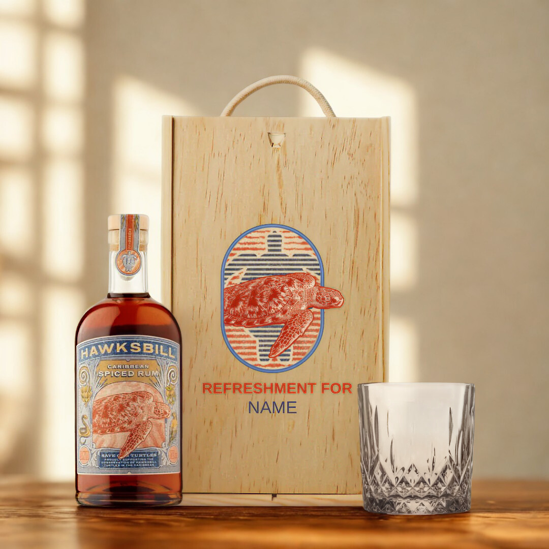 Personalised Hawksbill Caribbean Spiced Rum with Glass in Wooden Box Gift Set
