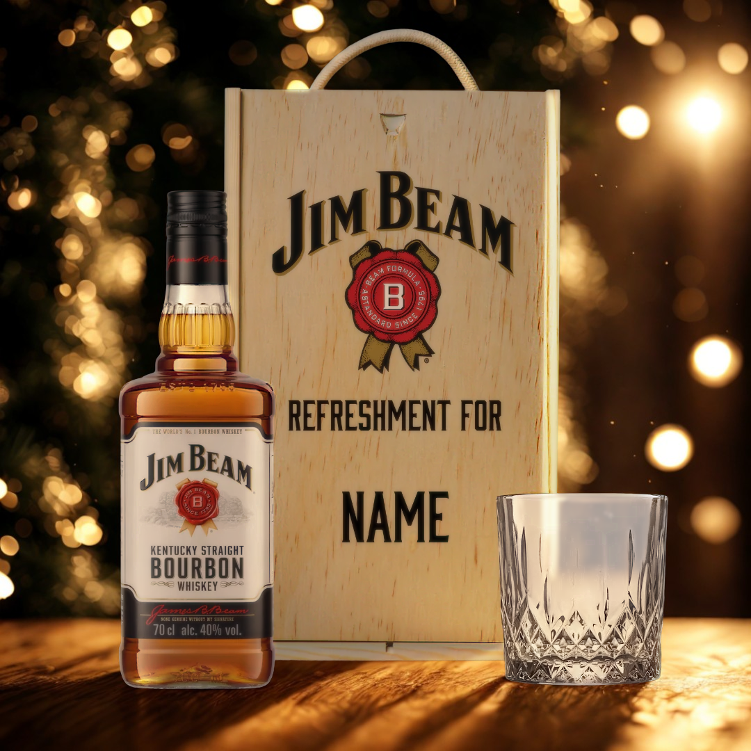 Personalised Jim Beam American Bourbon Whiskey In Wooden Box with Glass 70cl (40% ABV)