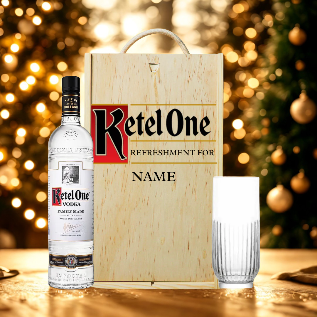 Personalised Ketel One Vodka Gift Set with Glass & Wooden Box – 70cl