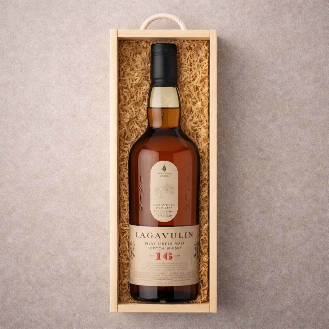 Personalised Lagavulin Single Malt Scotch Whisky Gift Set in Wooden Box - 43% ABV (70cl)