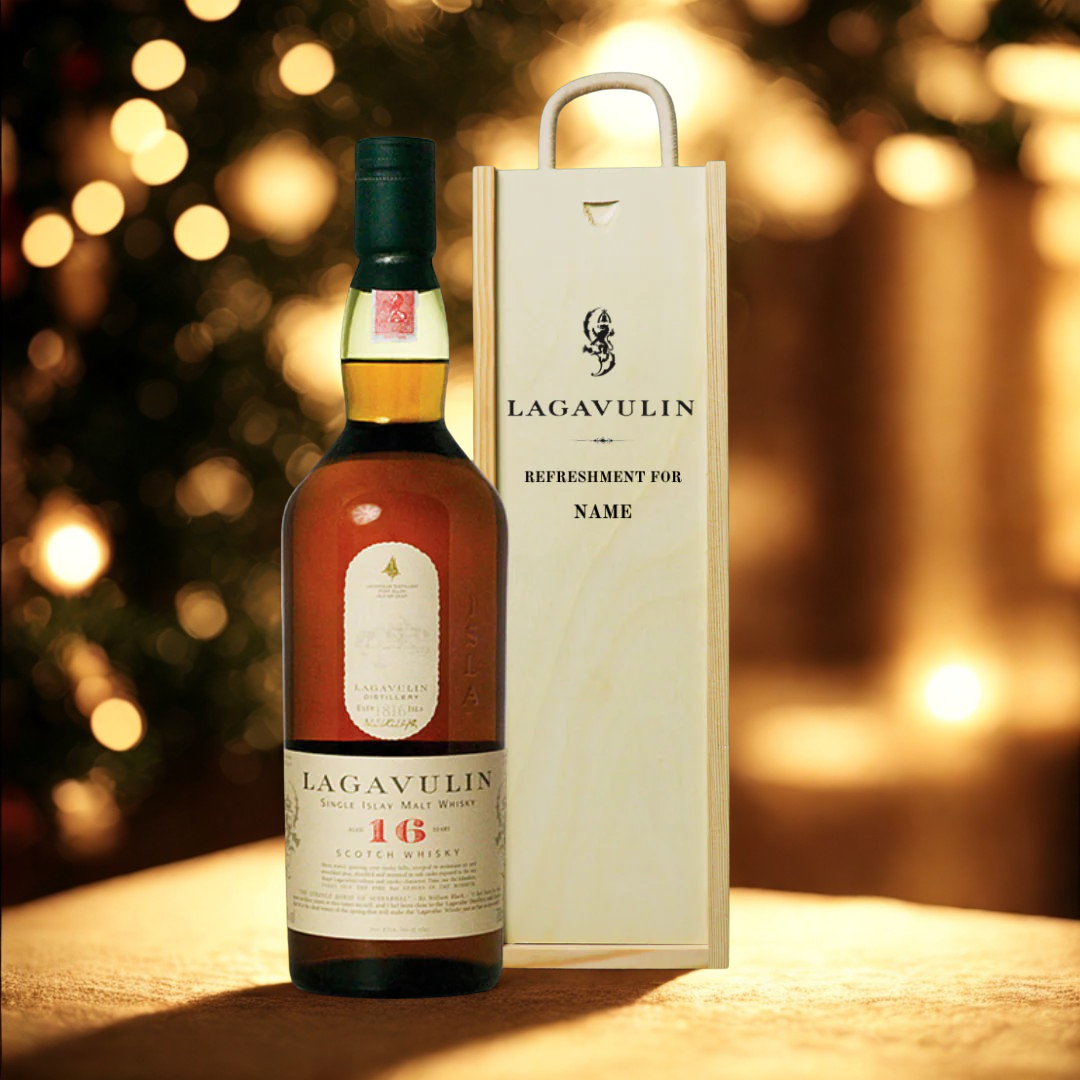 Personalised Lagavulin Single Malt Scotch Whisky Gift Set in Wooden Box - 43% ABV (70cl)